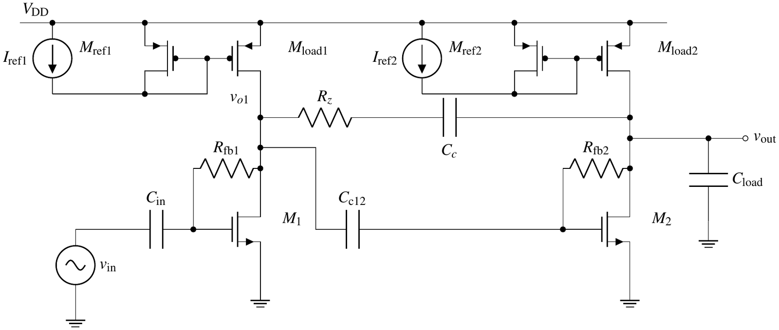 Two-stage Miller-compensated amplifier schematic